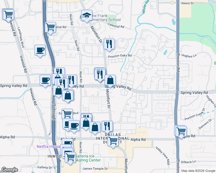 map of restaurants, bars, coffee shops, grocery stores, and more near Spring Valley Rd & Montfort Dr in Dallas