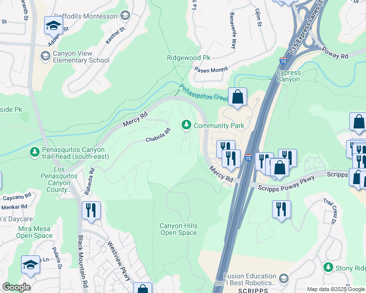 map of restaurants, bars, coffee shops, grocery stores, and more near 12113 Branicole Lane in San Diego