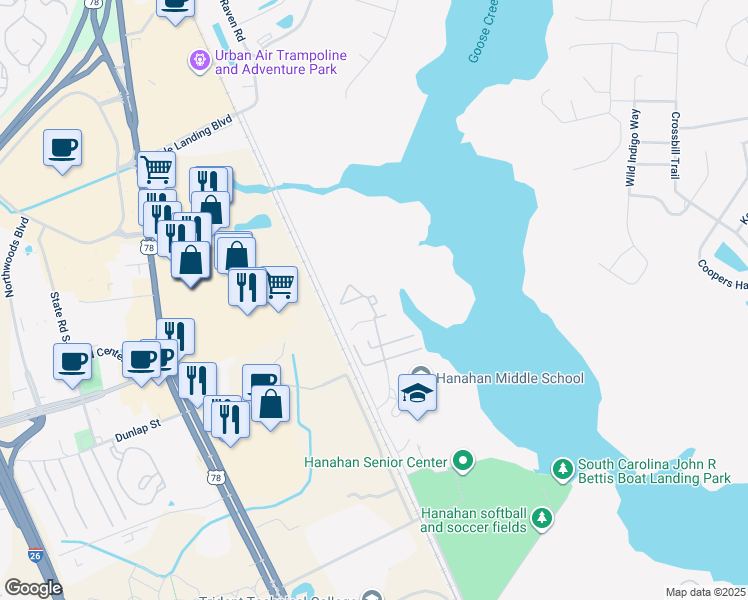 map of restaurants, bars, coffee shops, grocery stores, and more near 5100 Mabeline Road in Hanahan