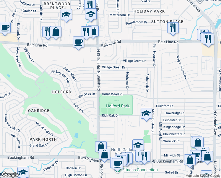 map of restaurants, bars, coffee shops, grocery stores, and more near 2317 Richwood Drive in Garland