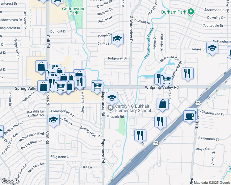 map of restaurants, bars, coffee shops, grocery stores, and more near 8662 West Spring Valley Road in Richardson