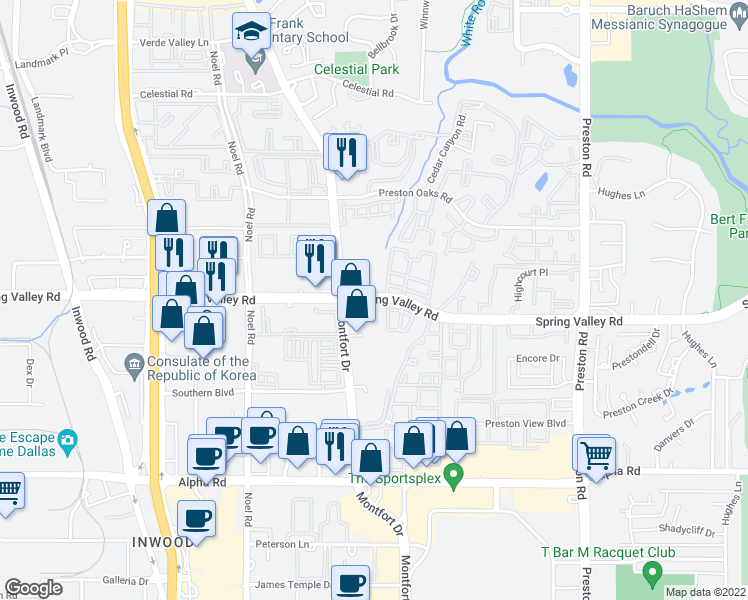 map of restaurants, bars, coffee shops, grocery stores, and more near 5531-5549 Spring Valley Road in Dallas