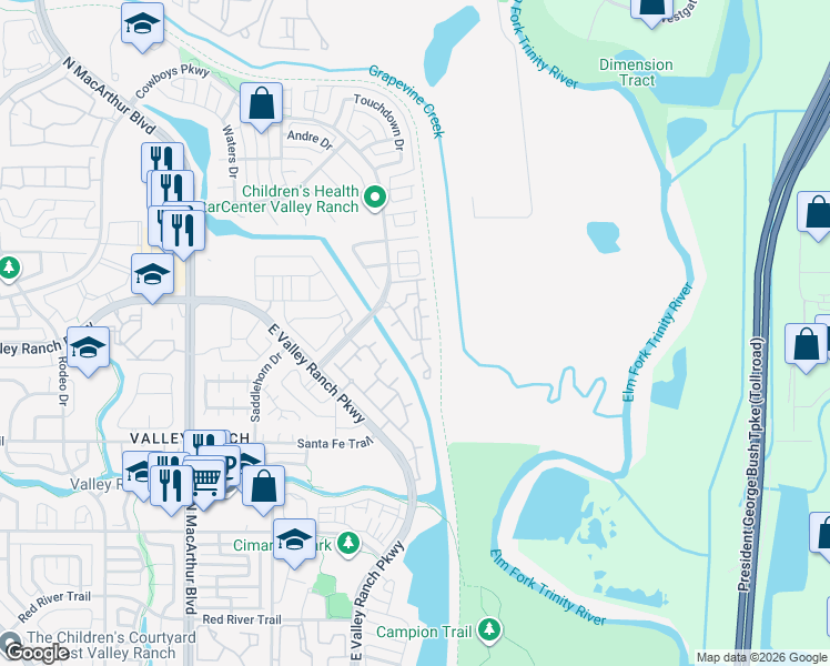 map of restaurants, bars, coffee shops, grocery stores, and more near 157 Cowboys Parkway in Irving