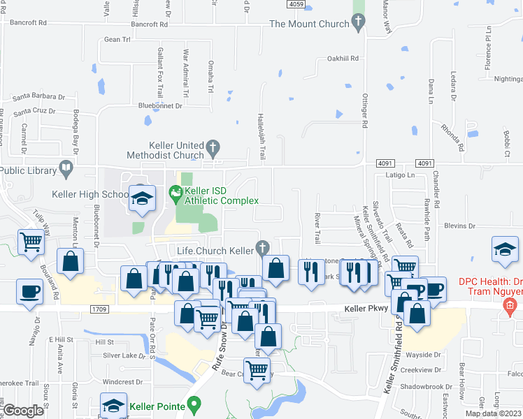 map of restaurants, bars, coffee shops, grocery stores, and more near 1054 Woodford Drive in Keller