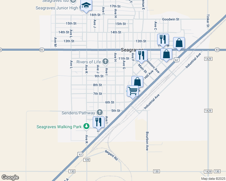 map of restaurants, bars, coffee shops, grocery stores, and more near 700-798 8th Street in Seagraves