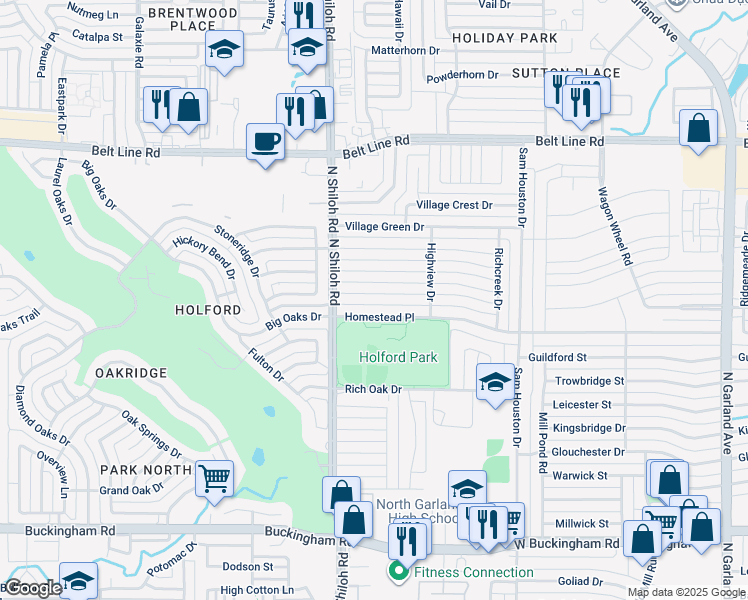 map of restaurants, bars, coffee shops, grocery stores, and more near 2317 Richwood Drive in Garland