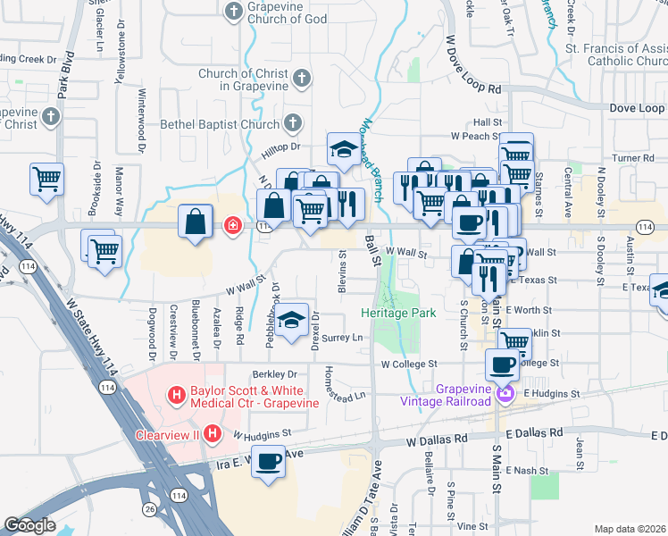 map of restaurants, bars, coffee shops, grocery stores, and more near 1007 West Wall Street in Grapevine