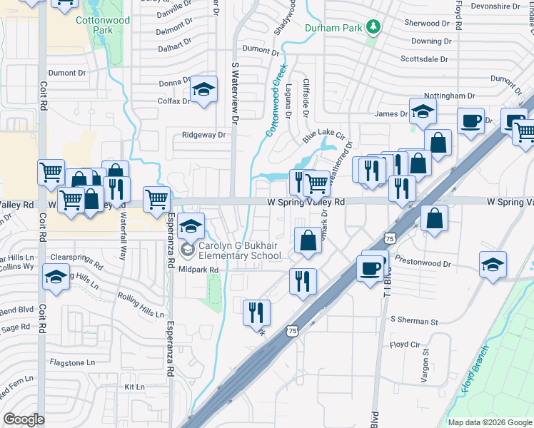 map of restaurants, bars, coffee shops, grocery stores, and more near 8542 Spring Valley Road in Dallas