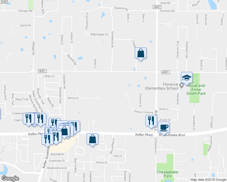map of restaurants, bars, coffee shops, grocery stores, and more near 1816 Johnson Road in Keller
