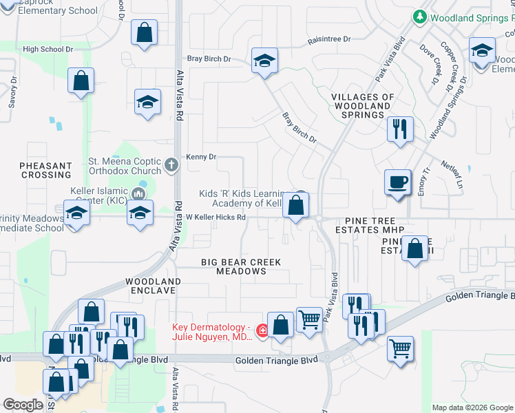 map of restaurants, bars, coffee shops, grocery stores, and more near 11513 Pheasant Creek Drive in Fort Worth