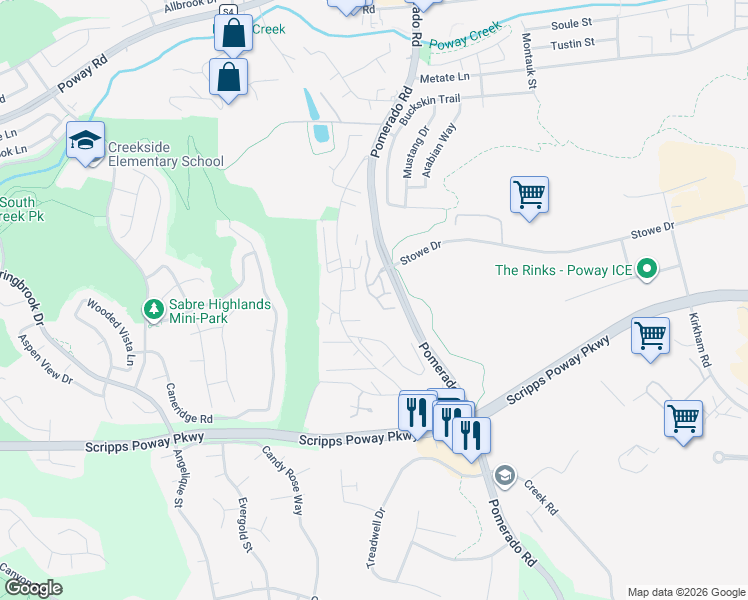 map of restaurants, bars, coffee shops, grocery stores, and more near 12220 Pepper Tree Lane in Poway