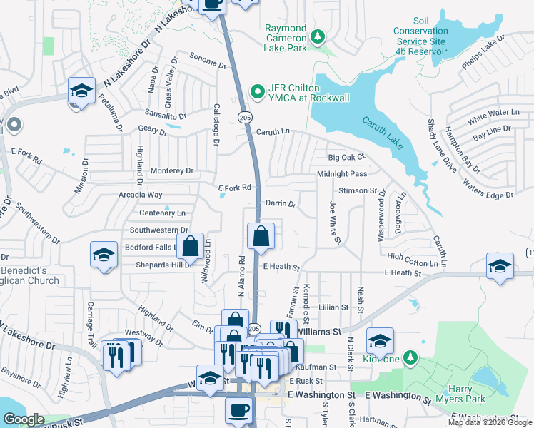map of restaurants, bars, coffee shops, grocery stores, and more near 199 Cody Place in Rockwall