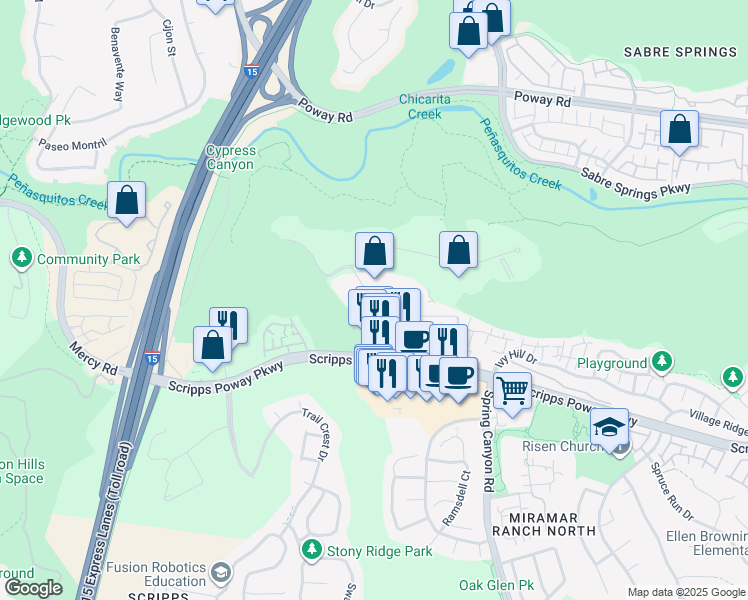 map of restaurants, bars, coffee shops, grocery stores, and more near 12121 Scripps Summit Drive in San Diego
