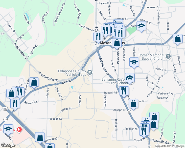 map of restaurants, bars, coffee shops, grocery stores, and more near 301 Elkahatchee Street in Alexander City