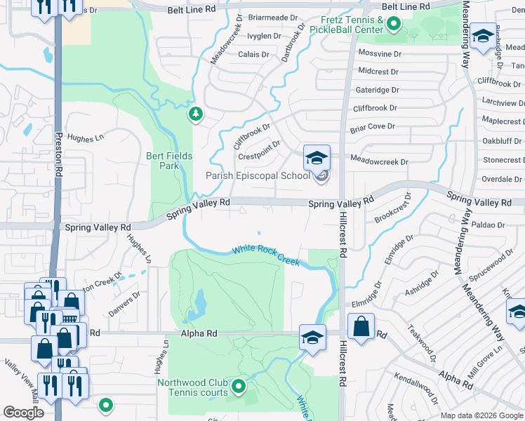 map of restaurants, bars, coffee shops, grocery stores, and more near 6616 Spring Valley Road in Dallas