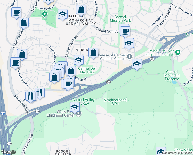 map of restaurants, bars, coffee shops, grocery stores, and more near 3975 San Gregorio Way in San Diego