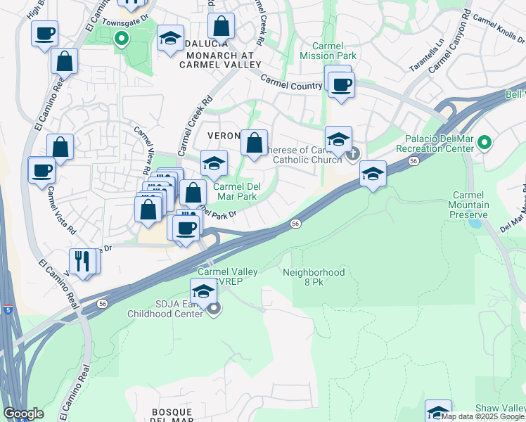 map of restaurants, bars, coffee shops, grocery stores, and more near 3975 San Gregorio Way in San Diego