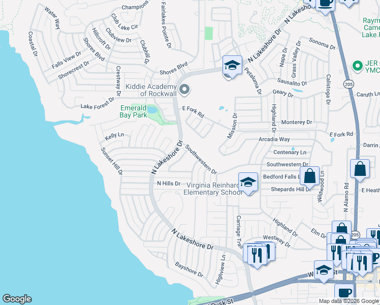 map of restaurants, bars, coffee shops, grocery stores, and more near 729 Fairfax Lane in Rockwall