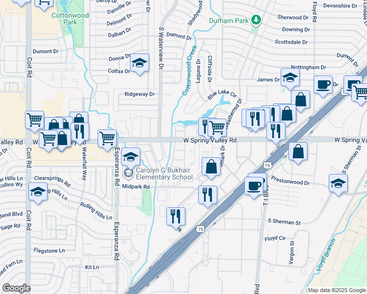 map of restaurants, bars, coffee shops, grocery stores, and more near 8542 Spring Valley Road in Dallas