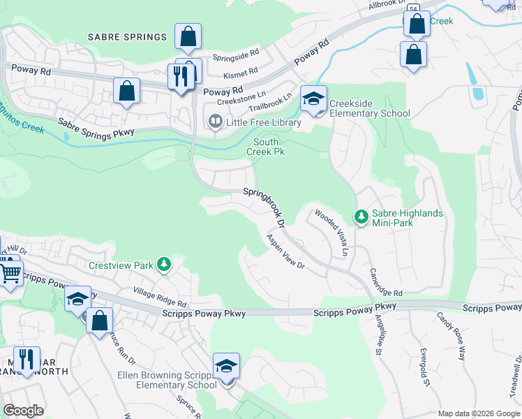 map of restaurants, bars, coffee shops, grocery stores, and more near 11674 Tree Hollow Lane in San Diego