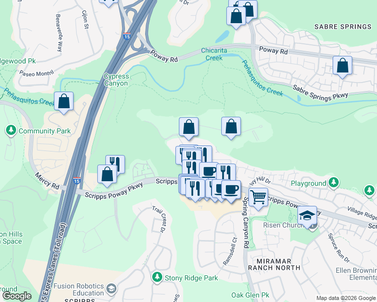 map of restaurants, bars, coffee shops, grocery stores, and more near 12186-12220 Scripps Summit Drive in San Diego