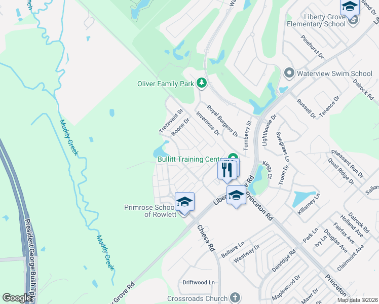 map of restaurants, bars, coffee shops, grocery stores, and more near 9320 Crockett Drive in Rowlett