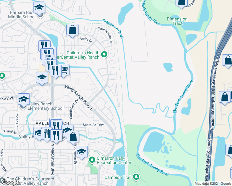 map of restaurants, bars, coffee shops, grocery stores, and more near 157 Cowboys Parkway in Irving