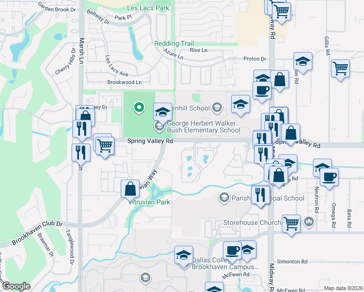 map of restaurants, bars, coffee shops, grocery stores, and more near 3940 Spring Valley Road in Farmers Branch