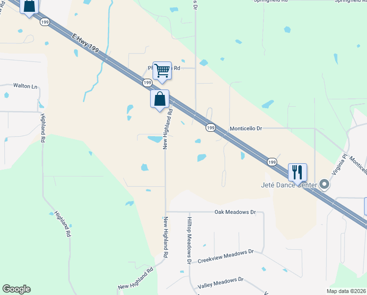 map of restaurants, bars, coffee shops, grocery stores, and more near 177 New Highland Road in Springtown