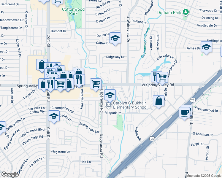 map of restaurants, bars, coffee shops, grocery stores, and more near 51 West Spring Valley Road in Dallas