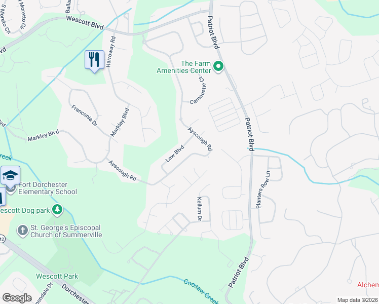 map of restaurants, bars, coffee shops, grocery stores, and more near 4813 Law Boulevard in Summerville