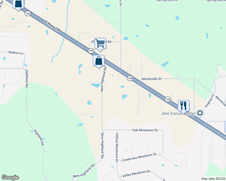 map of restaurants, bars, coffee shops, grocery stores, and more near 177 New Highland Road in Springtown