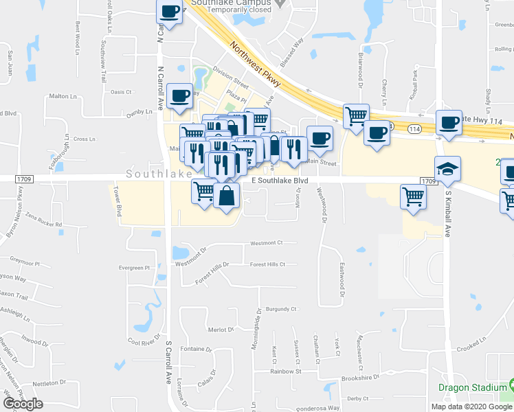map of restaurants, bars, coffee shops, grocery stores, and more near 1545 East Southlake Boulevard in Southlake