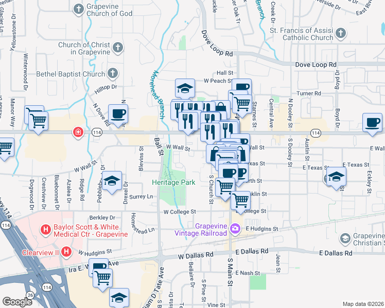 map of restaurants, bars, coffee shops, grocery stores, and more near 126 Starr Place in Grapevine