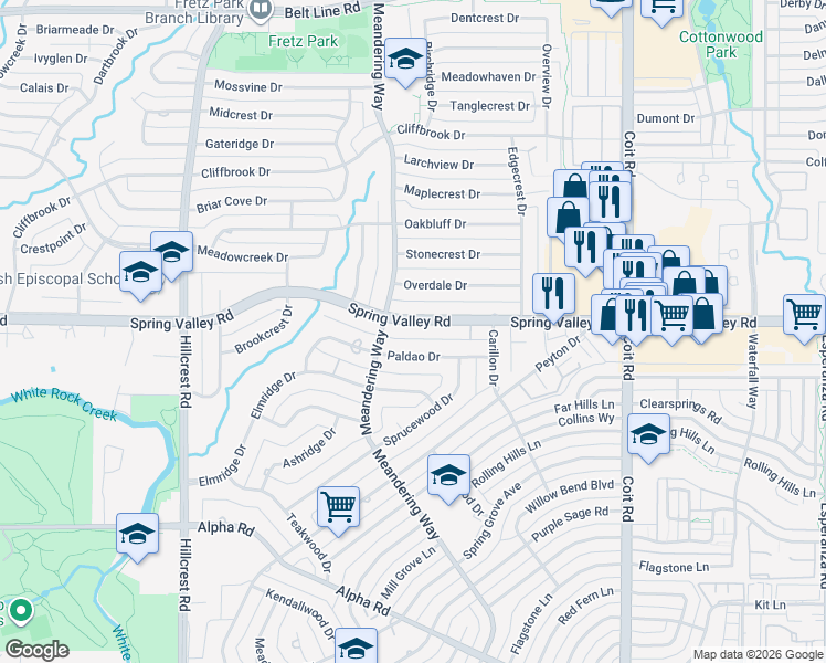 map of restaurants, bars, coffee shops, grocery stores, and more near 7409 Spring Valley Road in Dallas