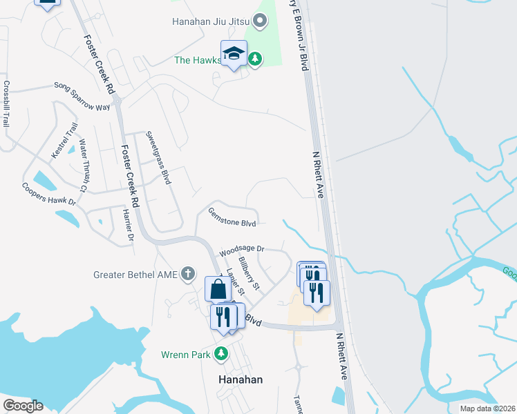 map of restaurants, bars, coffee shops, grocery stores, and more near 1232 Creek Stone Way in Hanahan