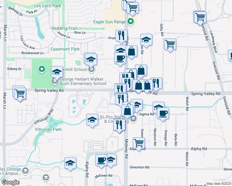 map of restaurants, bars, coffee shops, grocery stores, and more near 4060 Spring Valley Road in Farmers Branch