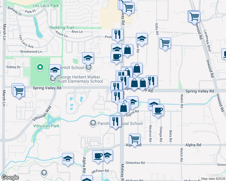 map of restaurants, bars, coffee shops, grocery stores, and more near 4060 Spring Valley Road in Farmers Branch