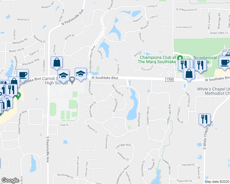 map of restaurants, bars, coffee shops, grocery stores, and more near 1111 Normandy Drive in Southlake
