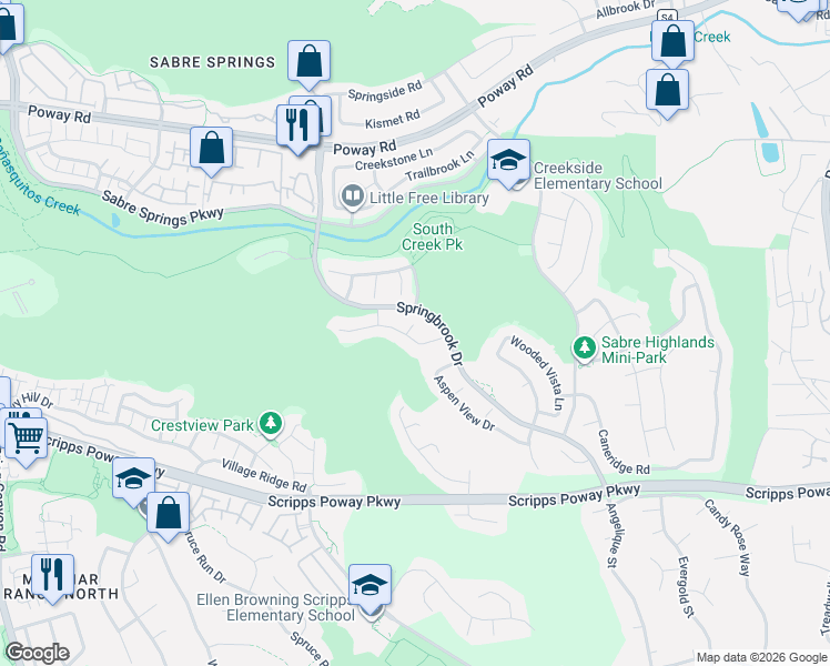 map of restaurants, bars, coffee shops, grocery stores, and more near 11570 Tree Hollow Lane in San Diego