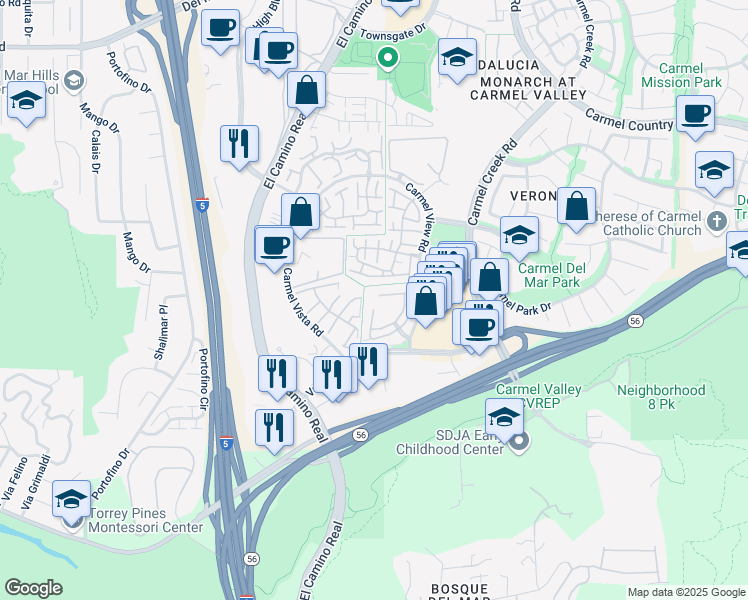 map of restaurants, bars, coffee shops, grocery stores, and more near 3658 Caminito Carmel Landing in San Diego