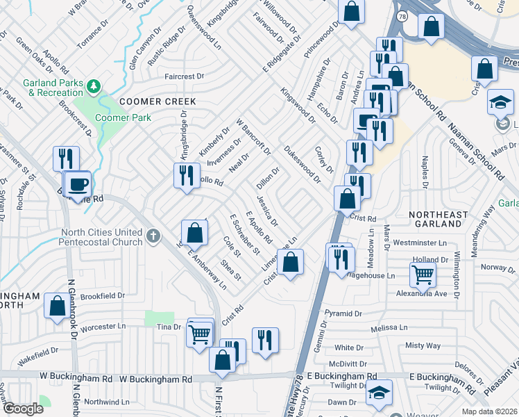 map of restaurants, bars, coffee shops, grocery stores, and more near 122 Jessica Drive in Garland
