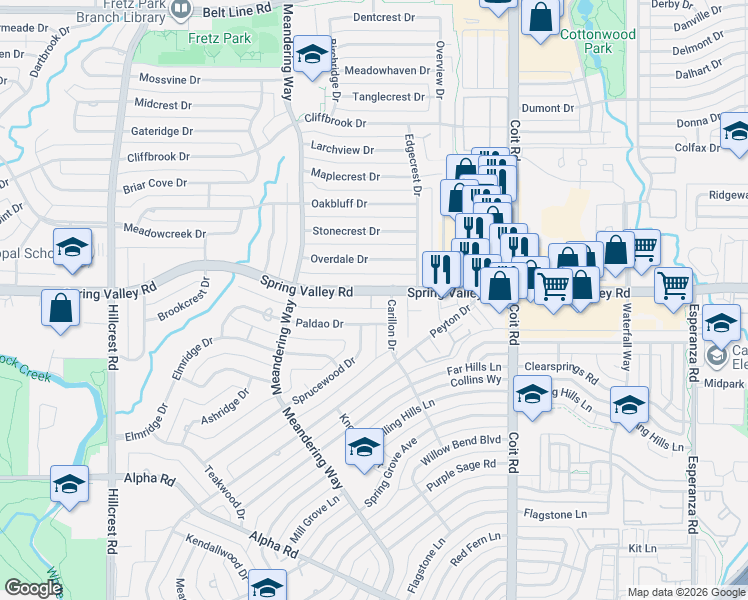 map of restaurants, bars, coffee shops, grocery stores, and more near 7516 Spring Valley Road in Dallas