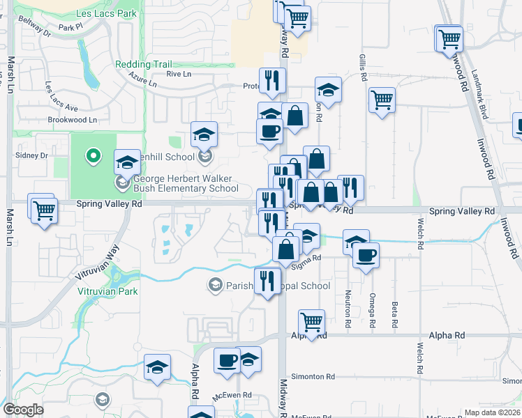 map of restaurants, bars, coffee shops, grocery stores, and more near 4060 Spring Valley Road in Farmers Branch