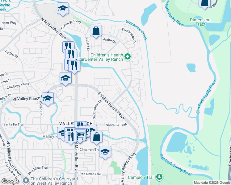 map of restaurants, bars, coffee shops, grocery stores, and more near 215 Woodson Street in Irving