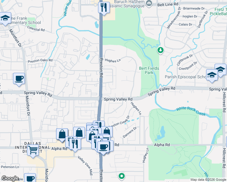 map of restaurants, bars, coffee shops, grocery stores, and more near 14024 Highmark Square in Dallas