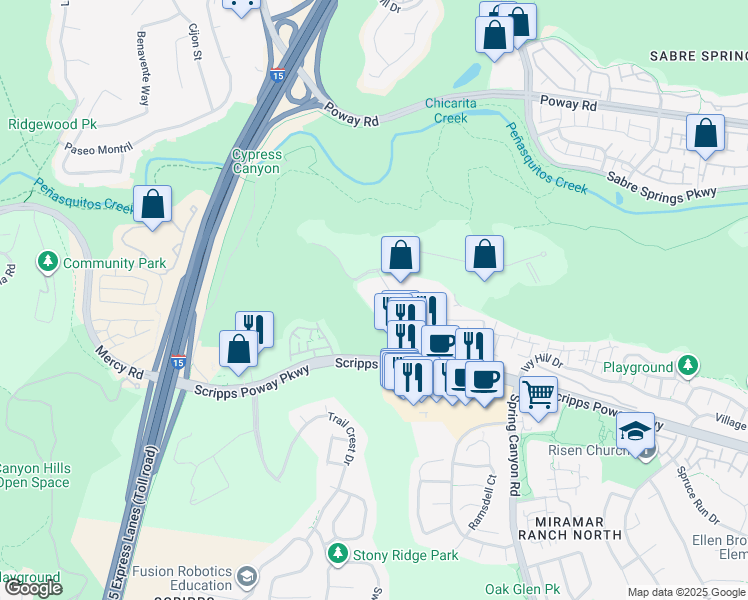 map of restaurants, bars, coffee shops, grocery stores, and more near 12220 Scripps Summit Drive in San Diego