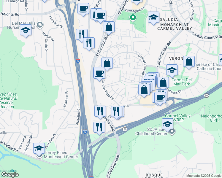 map of restaurants, bars, coffee shops, grocery stores, and more near 3525 Caminito Carmel Landing in San Diego