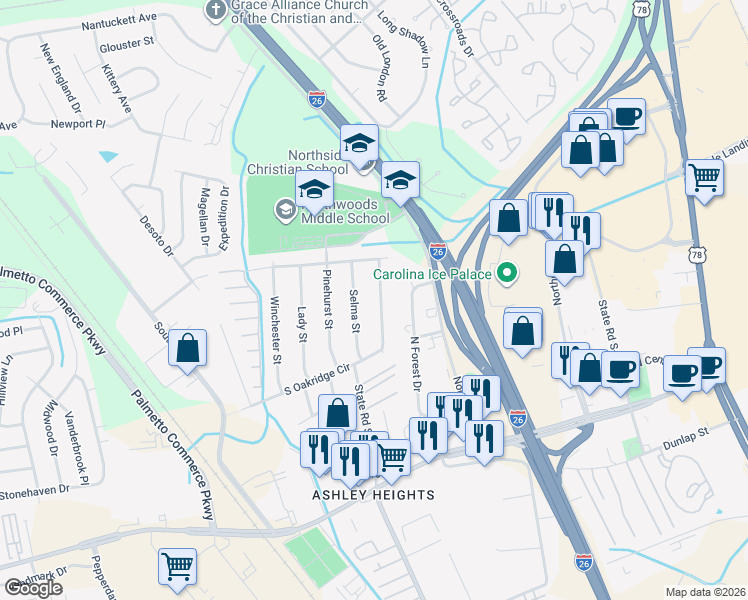 map of restaurants, bars, coffee shops, grocery stores, and more near 7625 East Oakridge Circle in North Charleston