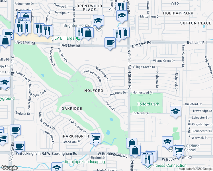 map of restaurants, bars, coffee shops, grocery stores, and more near 2706 Stoneridge Drive in Garland